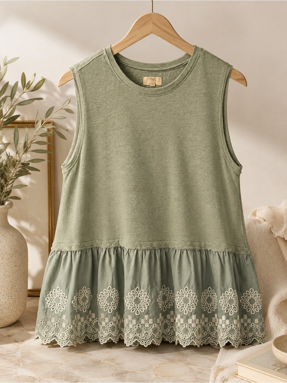 BKE Olive Green Sleeveless Tunic Tank with Embroidered Hem